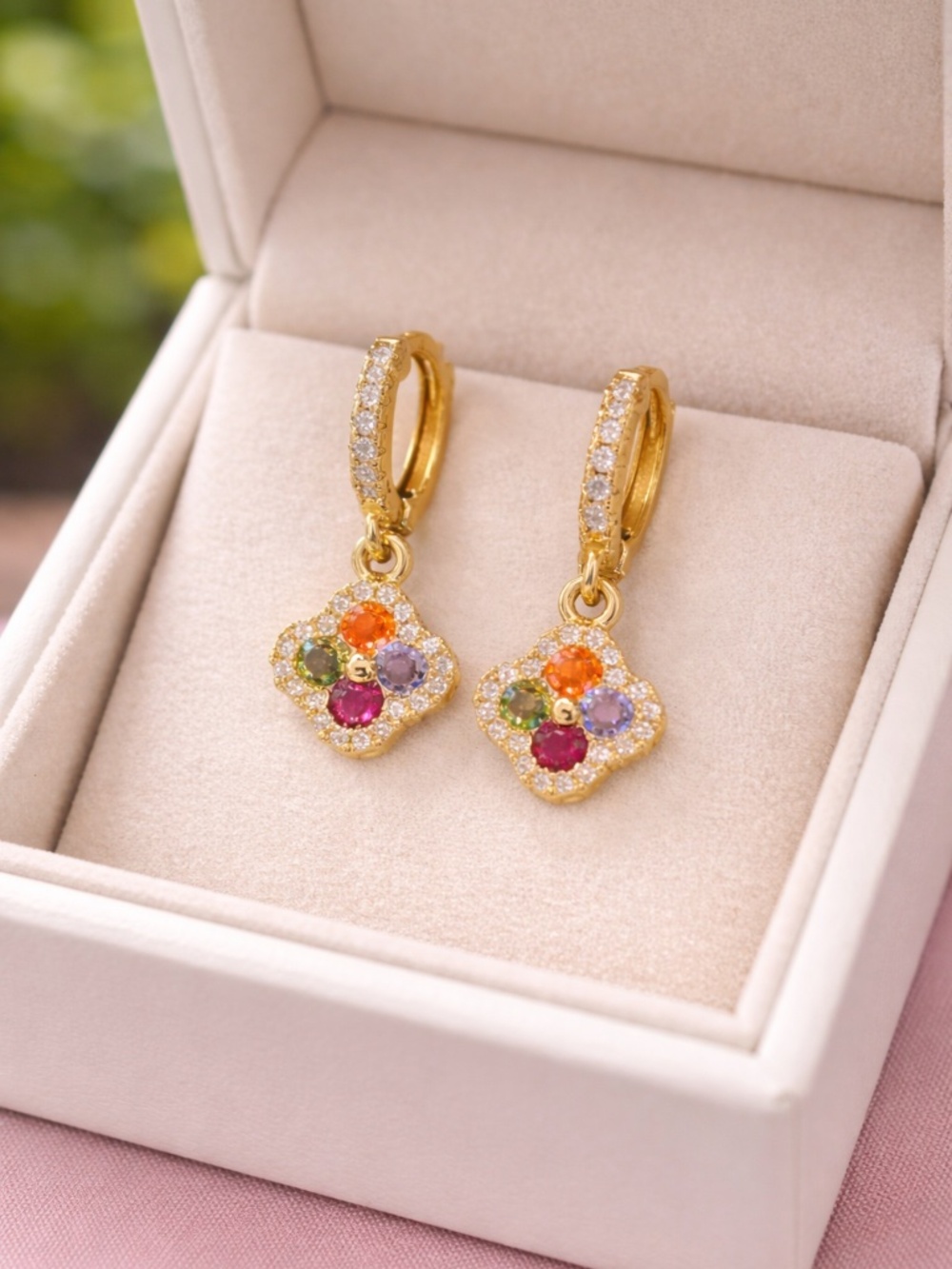 Multicolored clover Huggies - small floral dangle earrings with colored stones